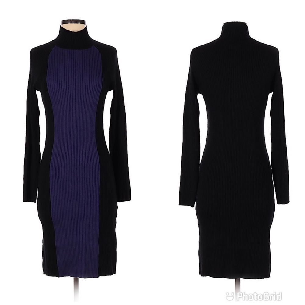 ANNE KLEIN Mockneck Midi Dress Ribbed Color Block Striped‎ Long Sleeve Black XS